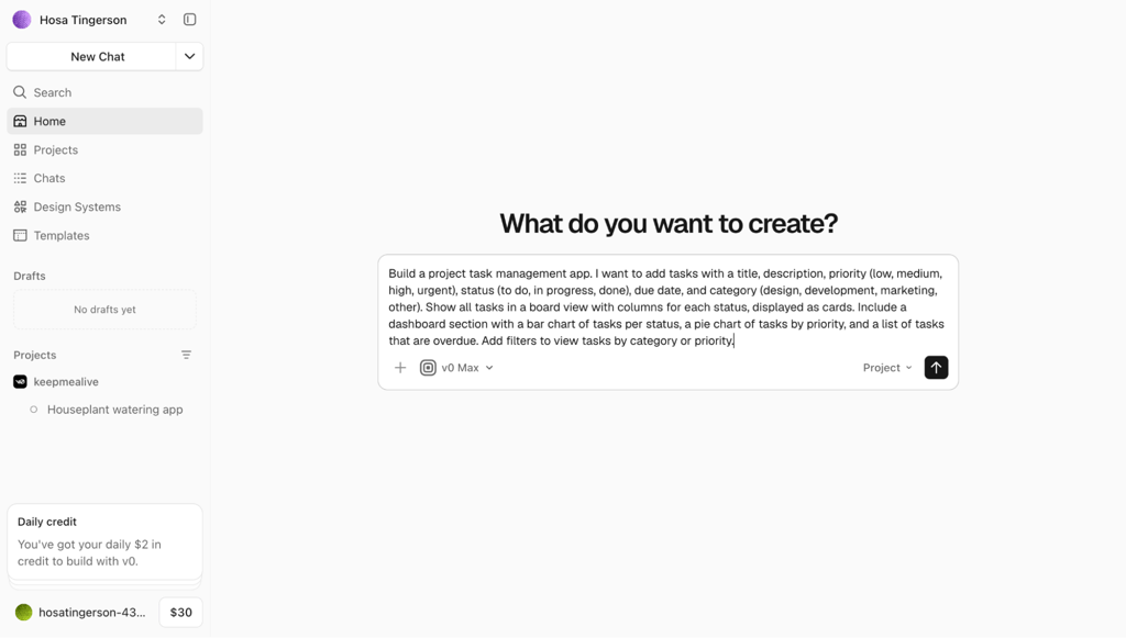 v0 prompt using v0 Max to generate the task management app