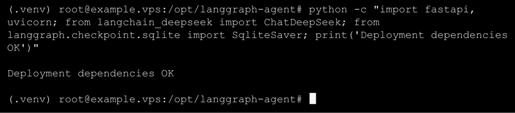 vps-terminal-langgraph-agent-dependency-check VPS terminal showing the deployment dependency check completed successfully