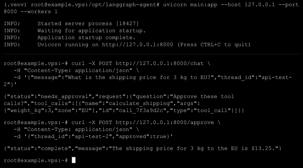vps-terminal-langgraph-agent-fastapi-approval-flow VPS terminal showing FastAPI approval flow from needs_approval to .25