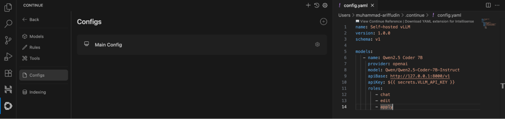 VS Code showing Continue config.yaml configured for the local vLLM Qwen endpoint