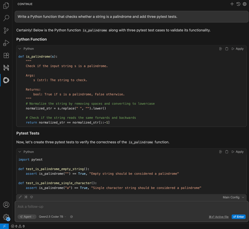 Continue in VS Code showing a Qwen response with a palindrome function and pytest tests