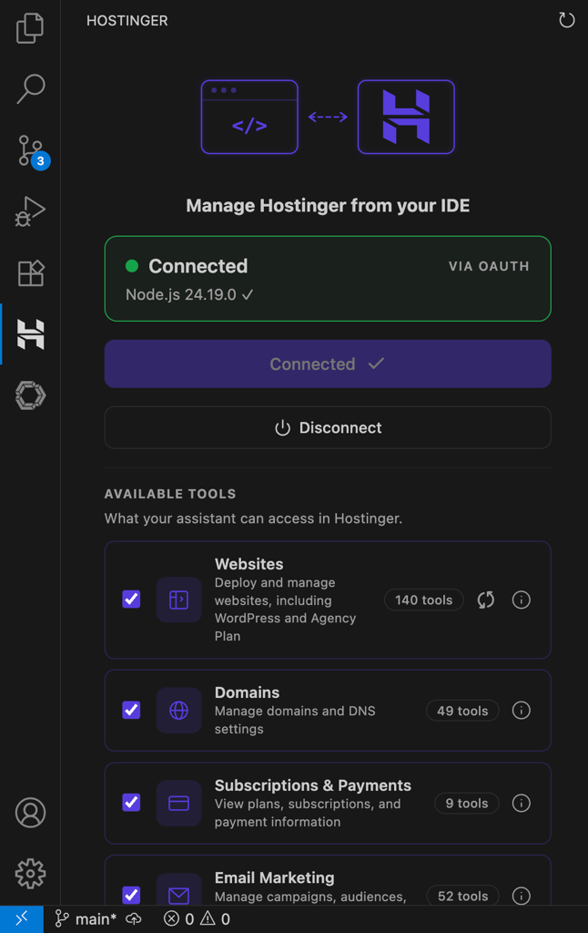 vscode-hostinger-connector-connected-tools Hostinger Connector panel in Visual Studio Code showing a connected Hostinger account and enabled tools for websites, domains, subscriptions, and other services.