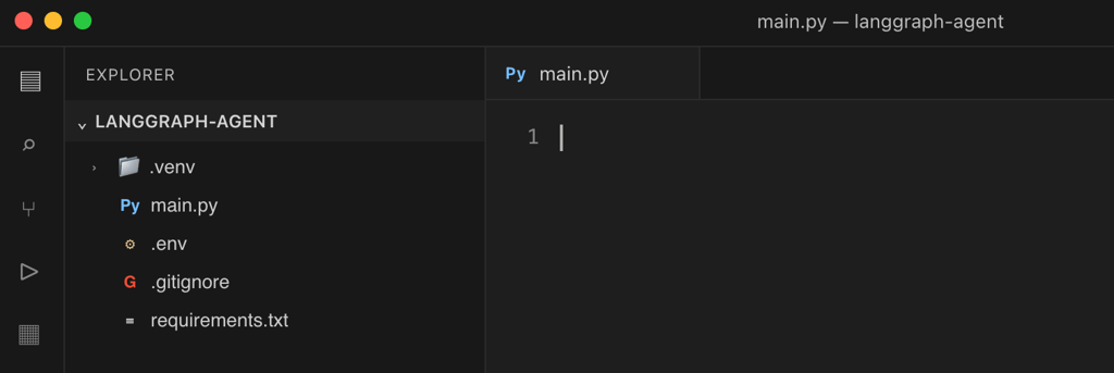 vscode-langgraph-agent-project-structure VS Code showing the langgraph-agent project files and empty main.py file