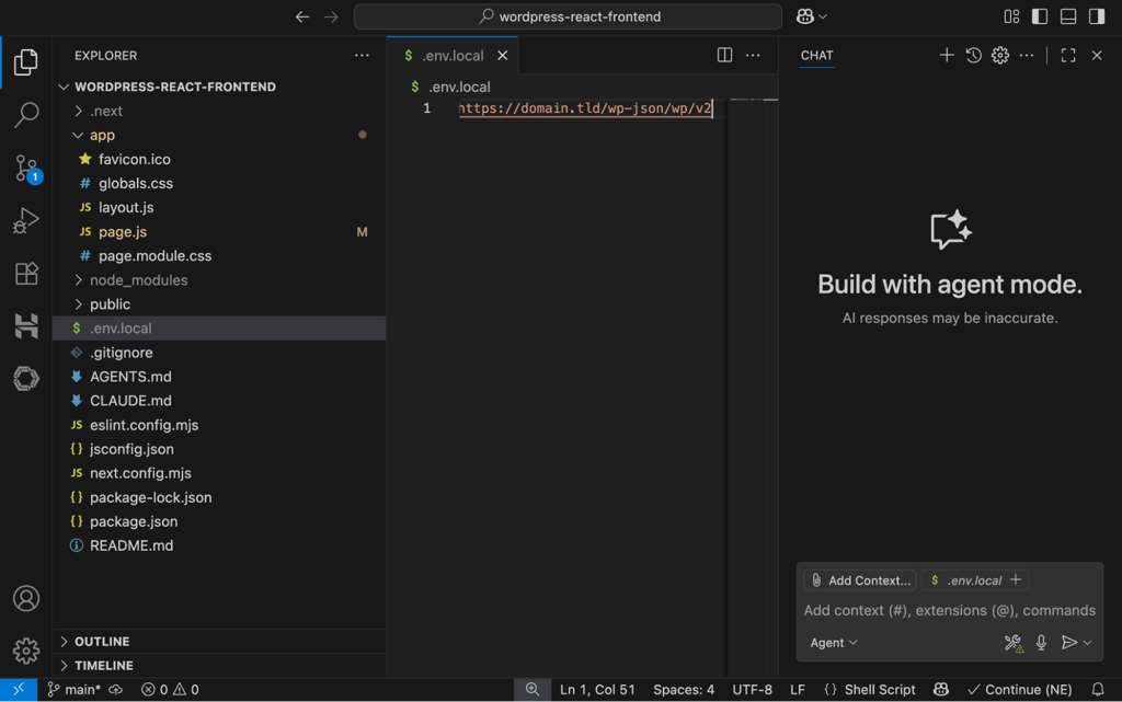 vscode-nextjs-env-local-wordpress-api-url Visual Studio Code showing the .env.local file in the Next.js project root with the WordPress REST API base URL configured.