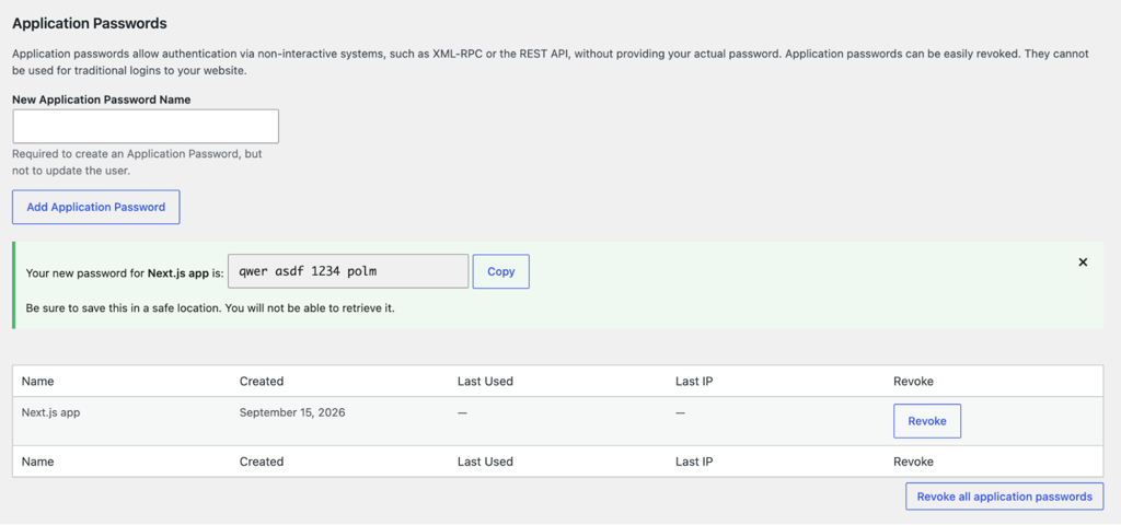 wordpress-application-password-nextjs-app WordPress Application Passwords section showing a newly generated password for the Next.js app and its revoke option.