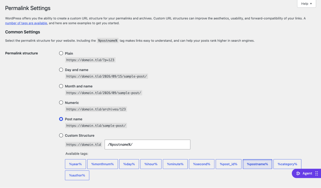 wordpress-permalink-settings-post-name WordPress Permalink Settings page with the Post name option selected under Permalink structure.