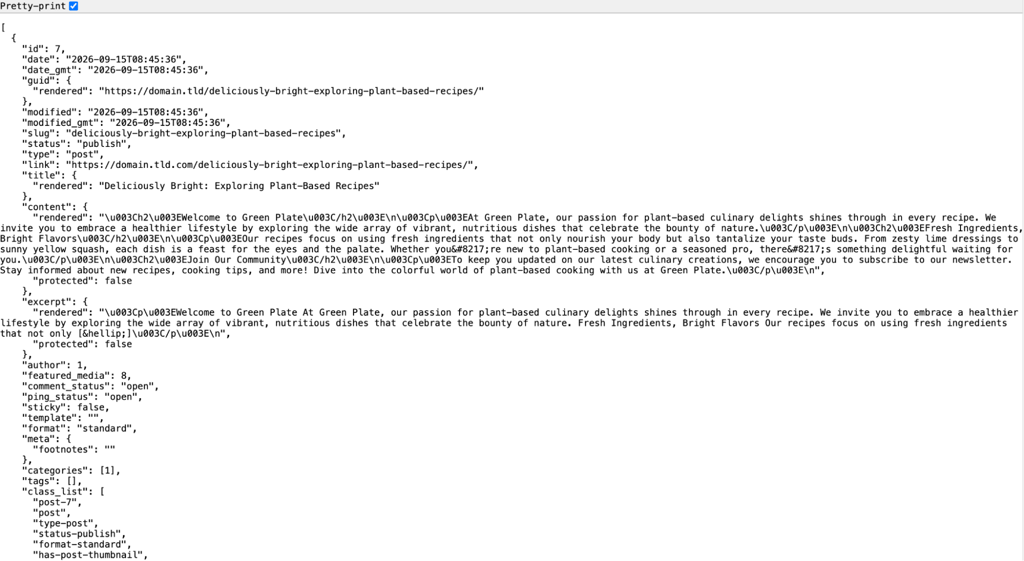 wordpress-rest-api-posts-json-response WordPress REST API posts endpoint displaying a published post in JSON format with fields such as ID, slug, title, content, excerpt, featured media, categories, and tags.