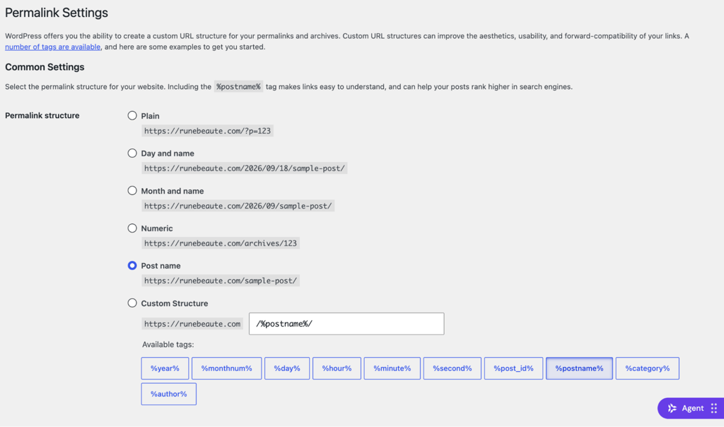 wordpress-settings-permalinks-post-name WordPress Permalink Settings with Post name selected and custom URL structure options.