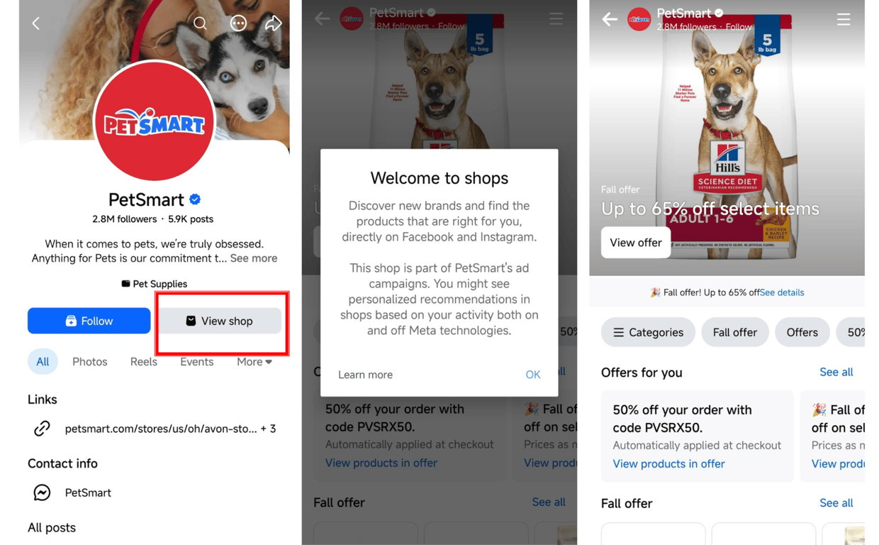 Facebook Shop - PetSmart example