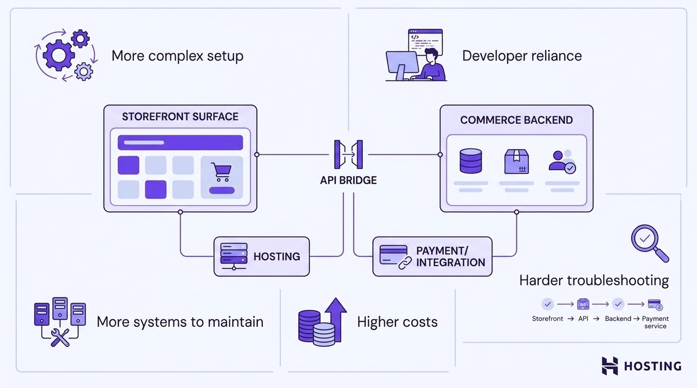A headless commerce setup links a storefront, API, backend, and services, with five operational drawbacks.