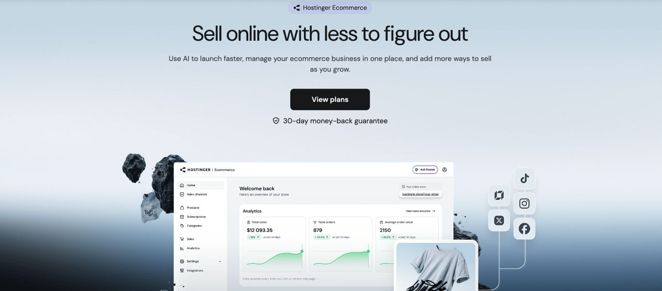 Hostinger Ecommerce dashboard with store analytics and integrations for social media sales channels.
