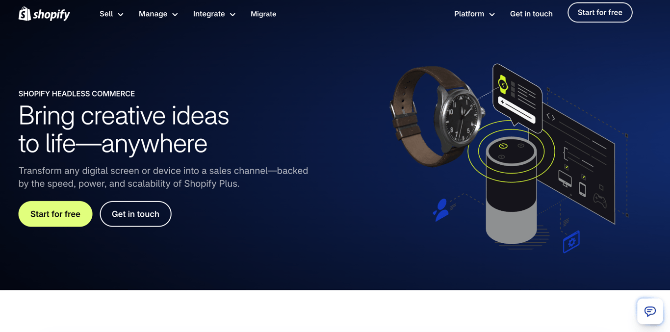 Shopify Headless Commerce landing page showing connected commerce experiences across a smartwatch, smart speaker, and digital interface.