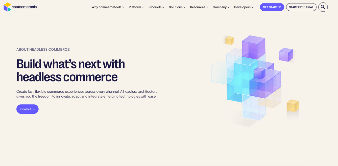 commercetools headless commerce landing page with colorful modular cubes illustrating a flexible commerce architecture.
