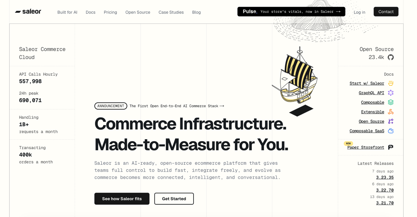 Saleor ecommerce platform homepage highlighting its AI-ready, open-source commerce infrastructure and developer tools.