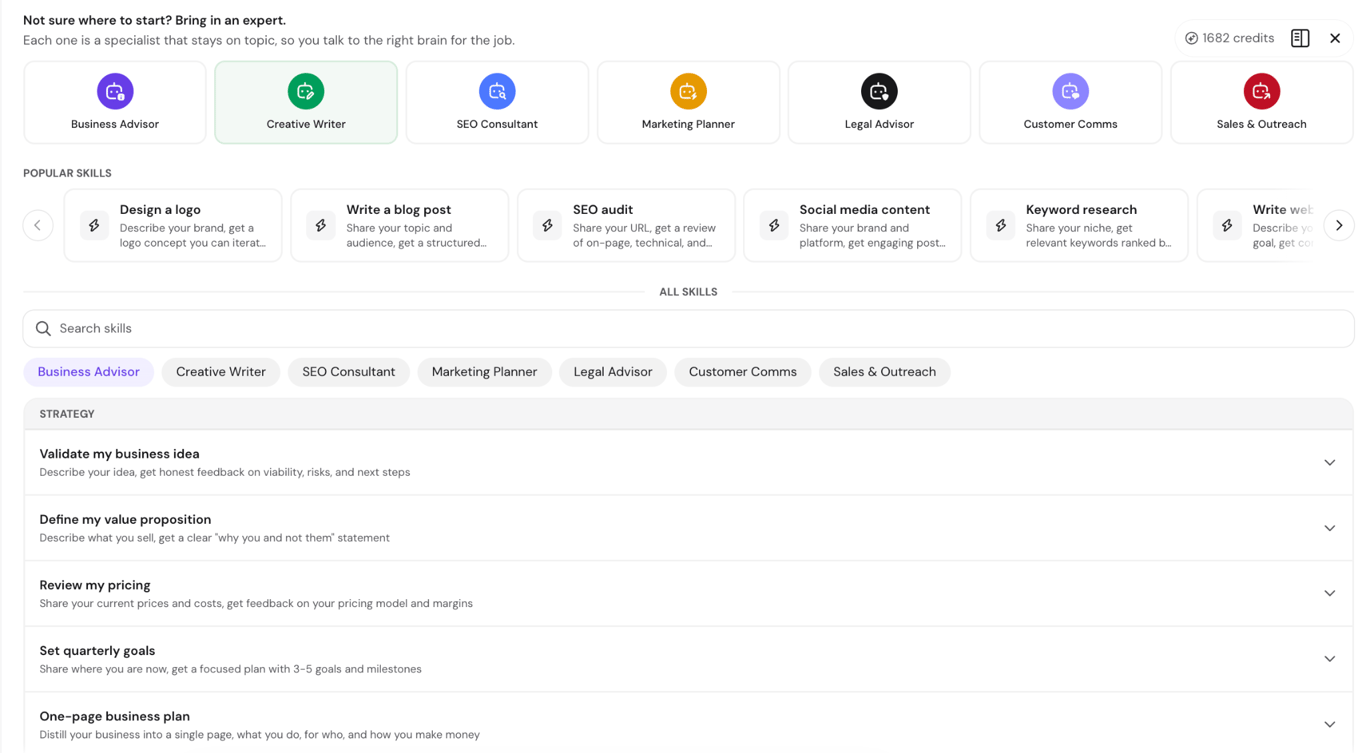 Hostinger Agents interface showing seven specialized agents: Business Advisor, Creative Writer, SEO Consultant, Marketing Planner, Legal Advisor, Customer Comms, and Sales and Outreach