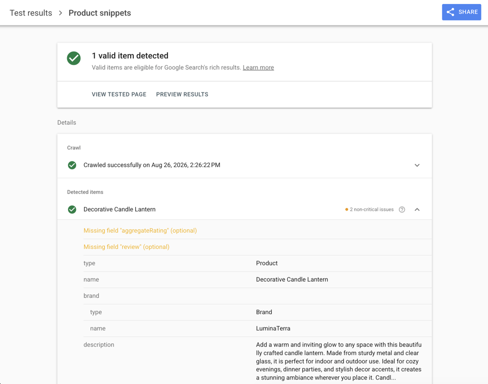 Google Rich Results Test result for a Hostinger Ecommerce product page showing one valid Product item detected, with optional aggregateRating and review fields flagged as missing and detected properties including type, name, brand, and description