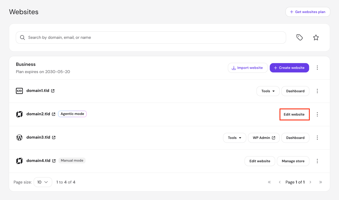 The hPanel Websites list showing sites with different platform types, with the Edit website button highlighted on an AI Builder site.