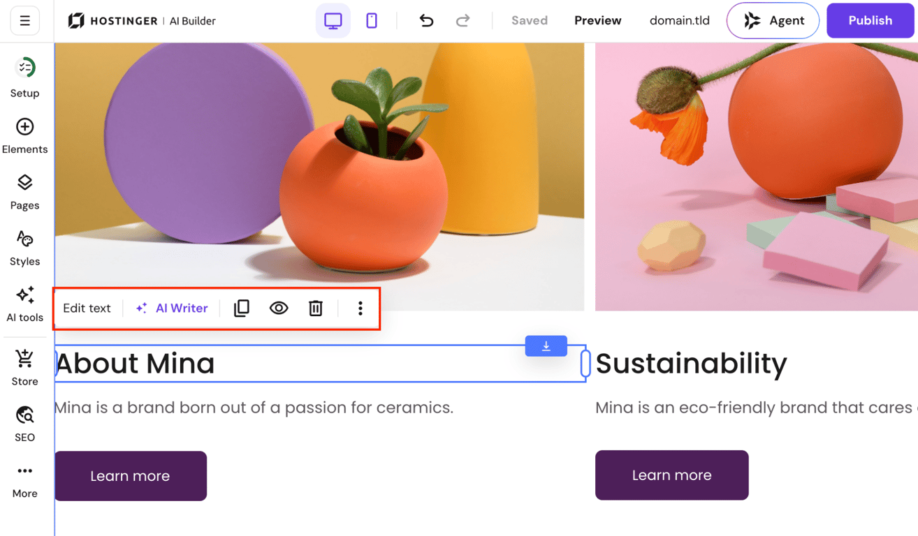 The Hostinger AI Builder editor in Manual mode with a text block selected, showing the Edit text and AI Writer options highlighted in the toolbar.