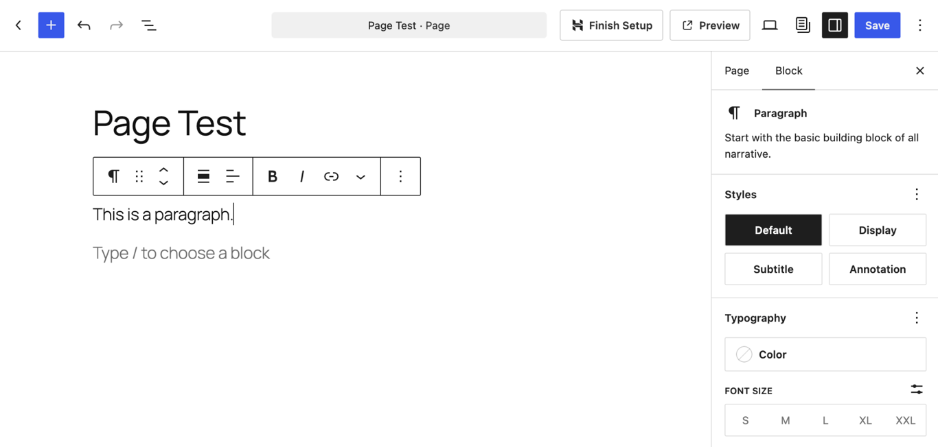 The WordPress block editor with a paragraph block selected and the block toolbar showing formatting options above it.