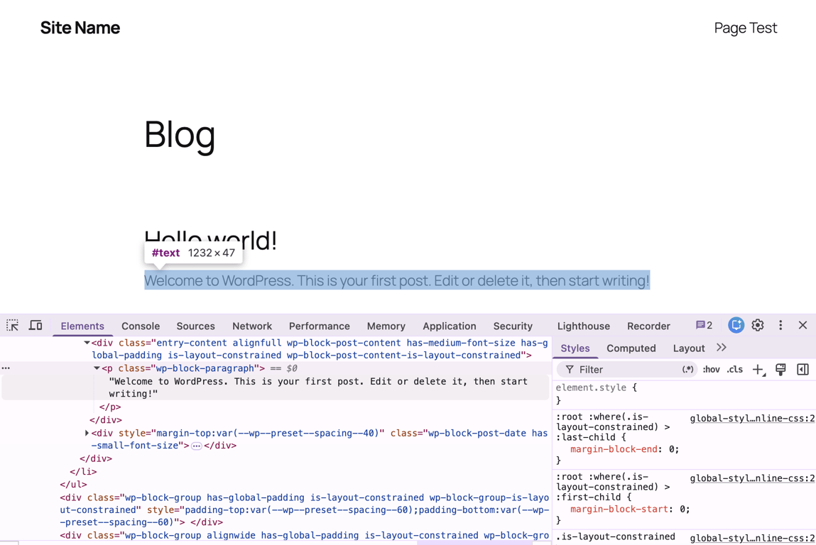 Chrome developer tools with the Elements panel open, showing the selected text element highlighted in the panel and the corresponding text highlighted on the page.