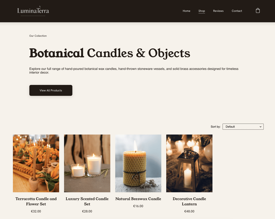 LuminaTerra candle store collection page showing a serif logo, botanical candles and objects heading, and four products priced from €16 to €48