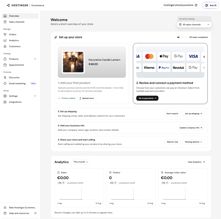 Hostinger Ecommerce dashboard showing the store setup checklist, a candle product listing at €48, and payment provider options including PayPal, Apple Pay, and Klarna