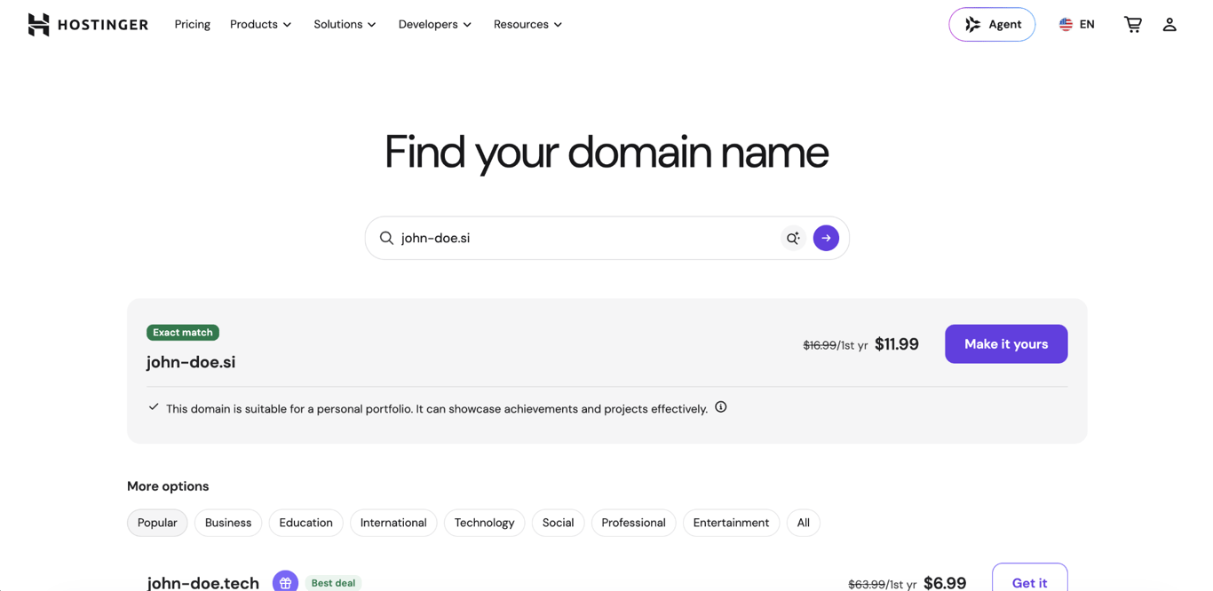 Find your domain name page, with user looking for the john-doe.si name