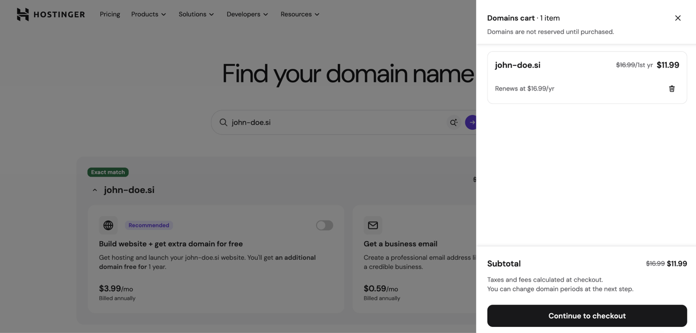 Domains cart screenshot