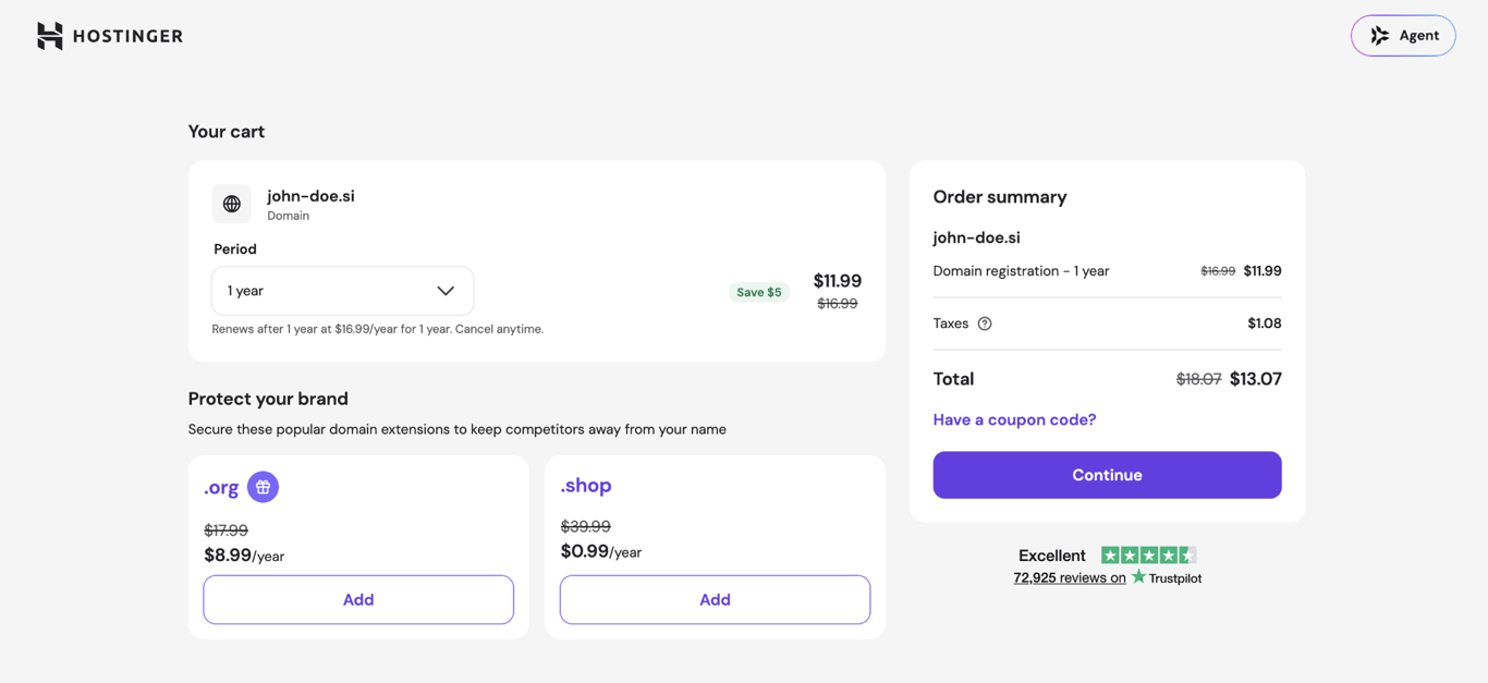 Cart summary of buying the john-doe.si domain on Hostinger