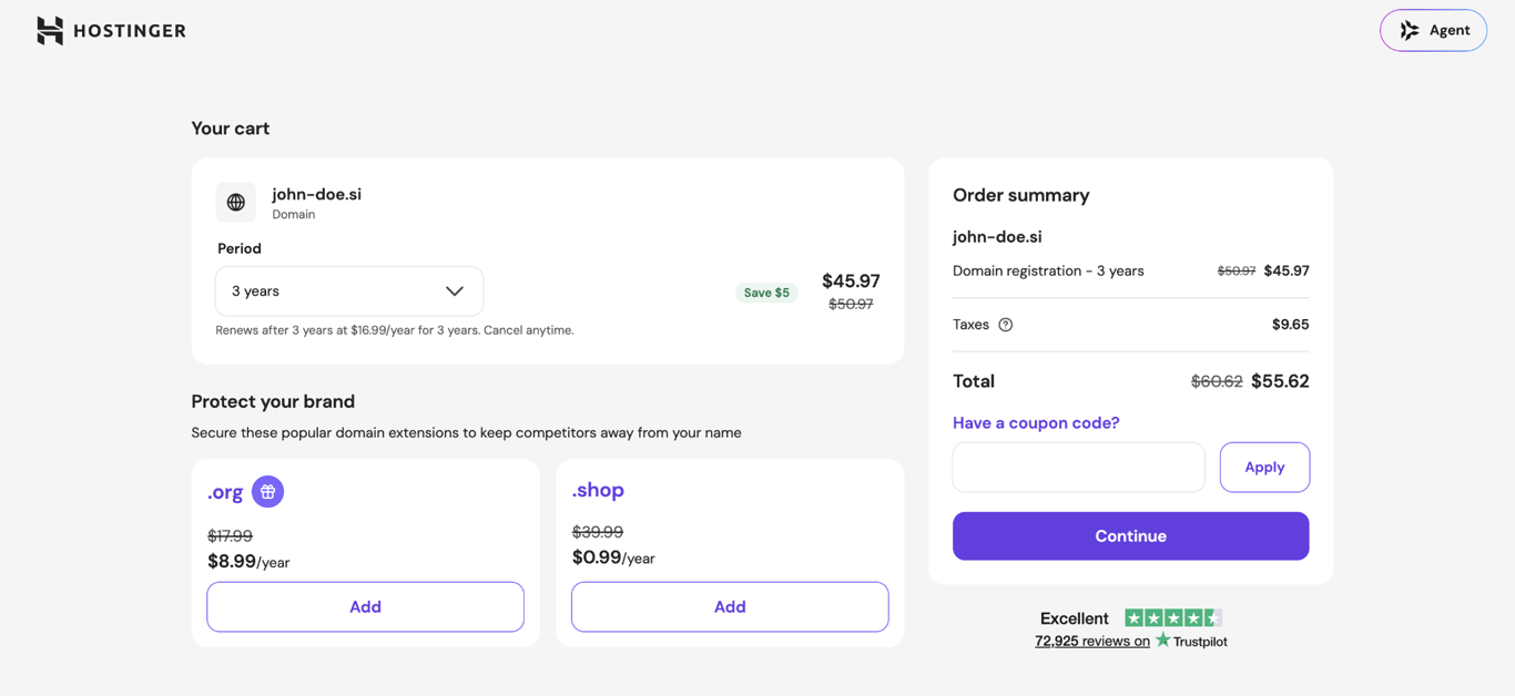 john-doe.si domain price on Hostinger