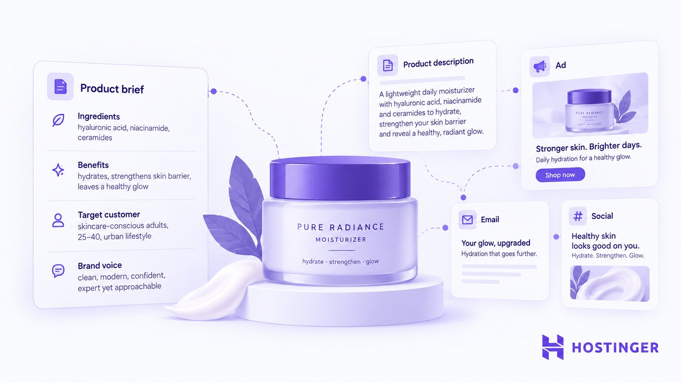 A moisturizer product brief is adapted into a product description, ad, email subject, and social caption.