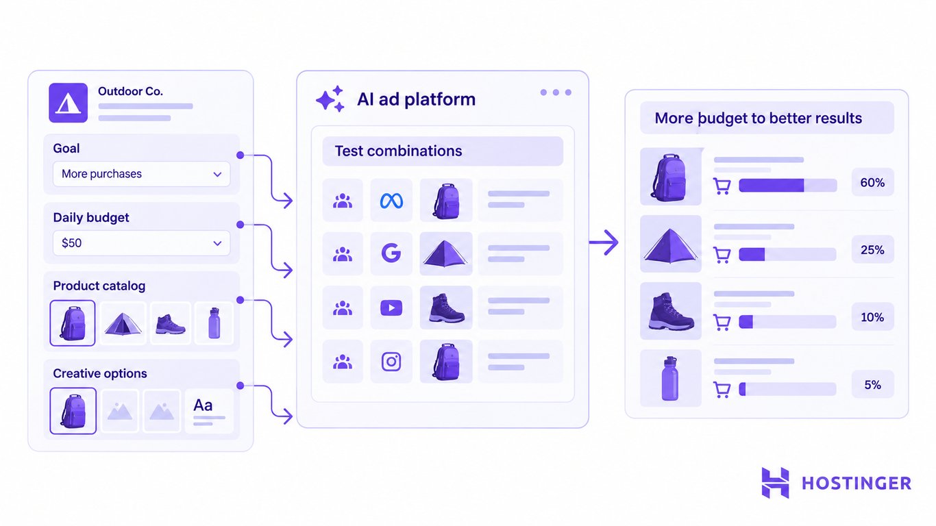 An AI ad platform tests outdoor product ads and shifts more of the campaign budget toward better-performing combinations.