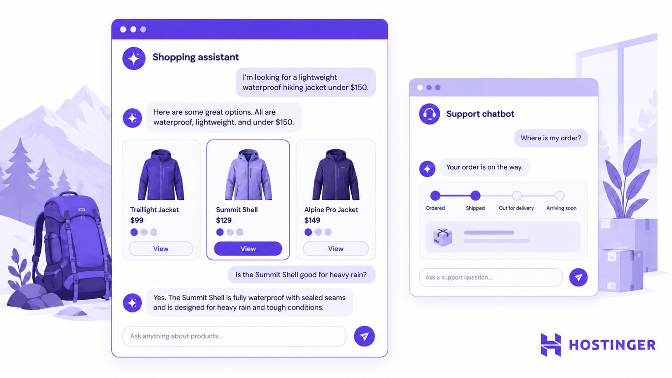 A shopping assistant recommends hiking jackets while a support chatbot helps track an order.