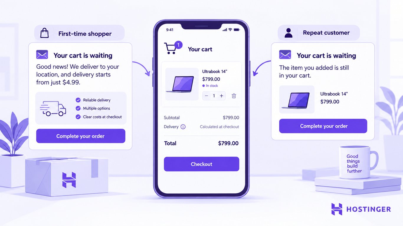 An abandoned-cart reminder offers delivery details to a first-time shopper and a simple reminder to a repeat customer.