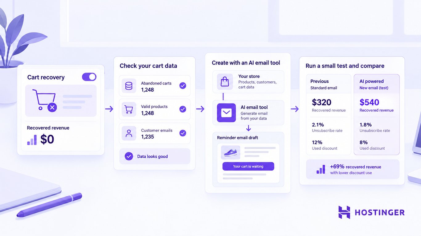 An abandoned-cart email workflow moves from goal-setting and data checks through tool selection to a small test against baseline results.