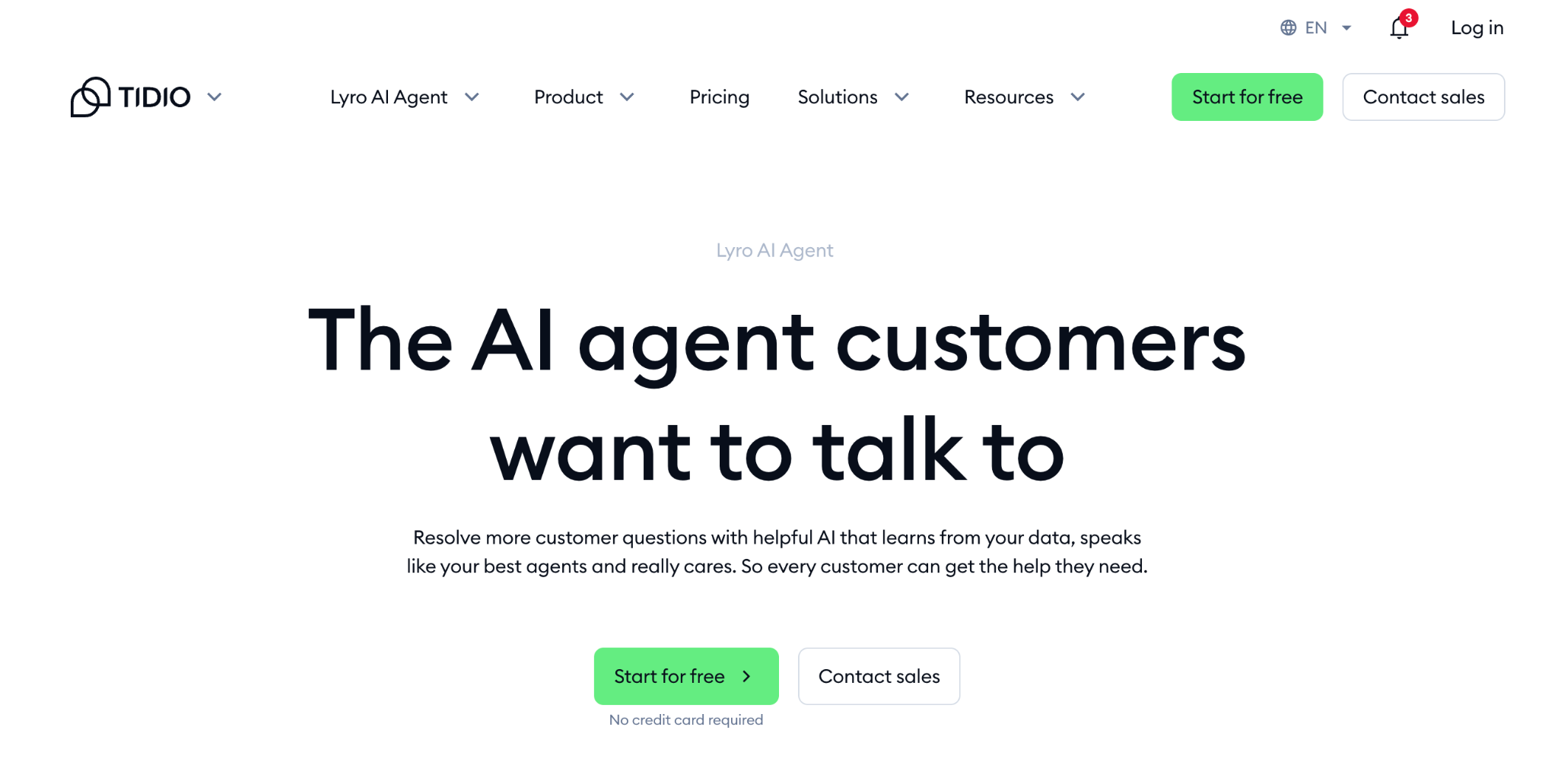 Tidio Lyro AI Agent landing leaf highlighting its AI-powered client assistance chatbot.