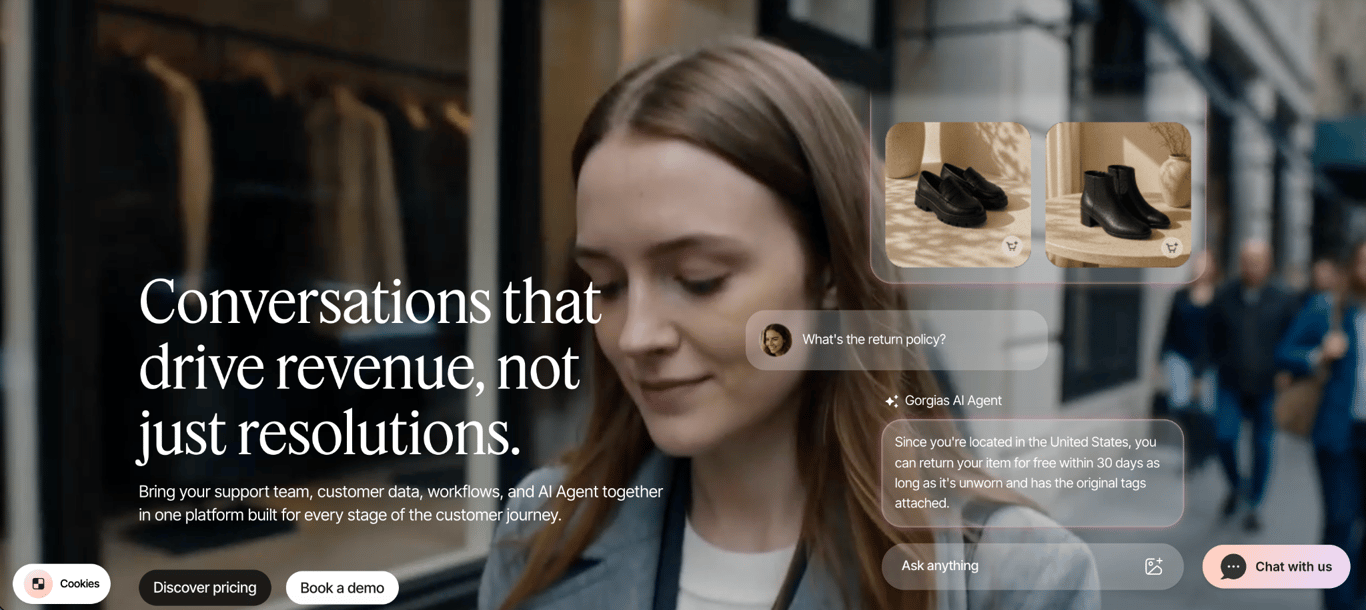 Gorgias AI Agent landing page showing an AI-powered customer support conversation about a product return policy.