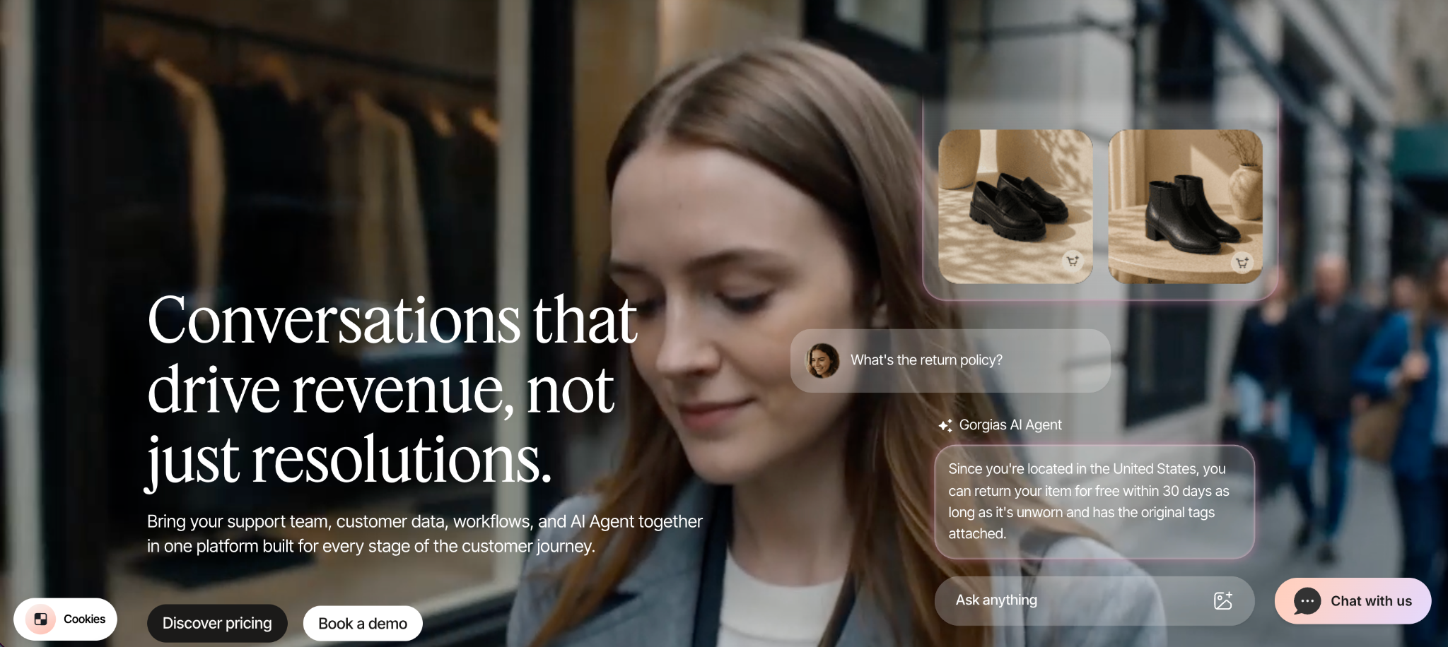 Gorgias AI Agent landing leaf showing an AI-powered client assistance conversation concerning a merchandise come back policy.