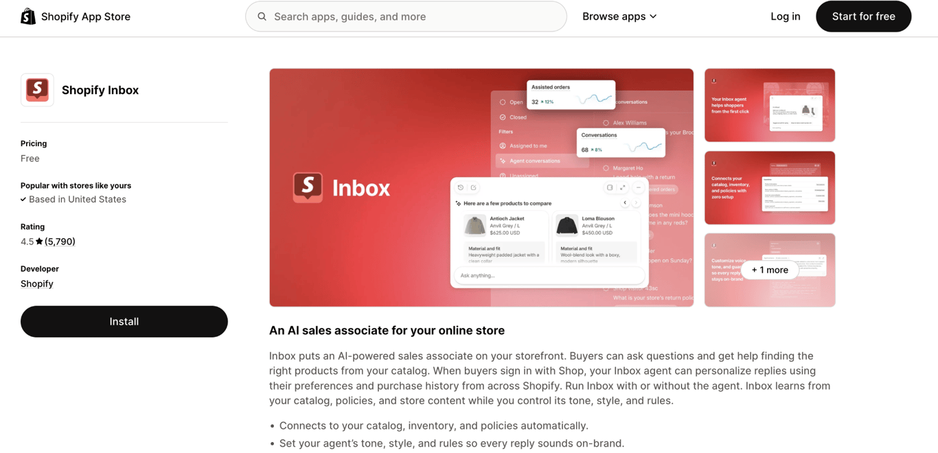 Shopify Inbox app listing showing its AI sales assistant for answering customer questions and recommending products.