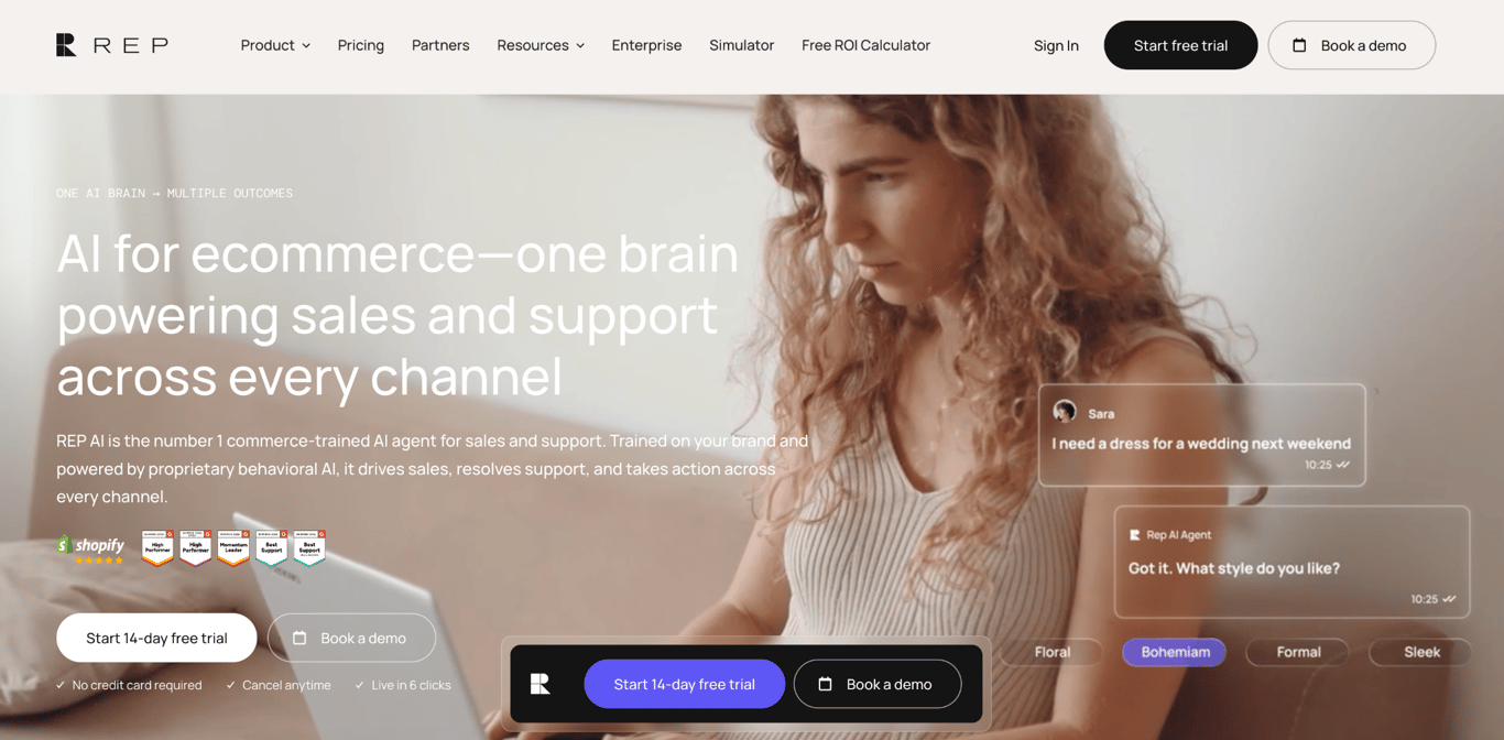 Rep AI ecommerce platform landing page highlighting its AI agent for sales and customer support across multiple channels.