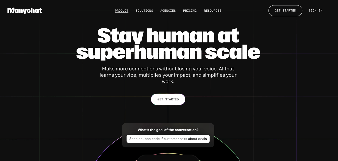 Manychat homepage highlighting AI-powered customer conversations and automated responses at scale.