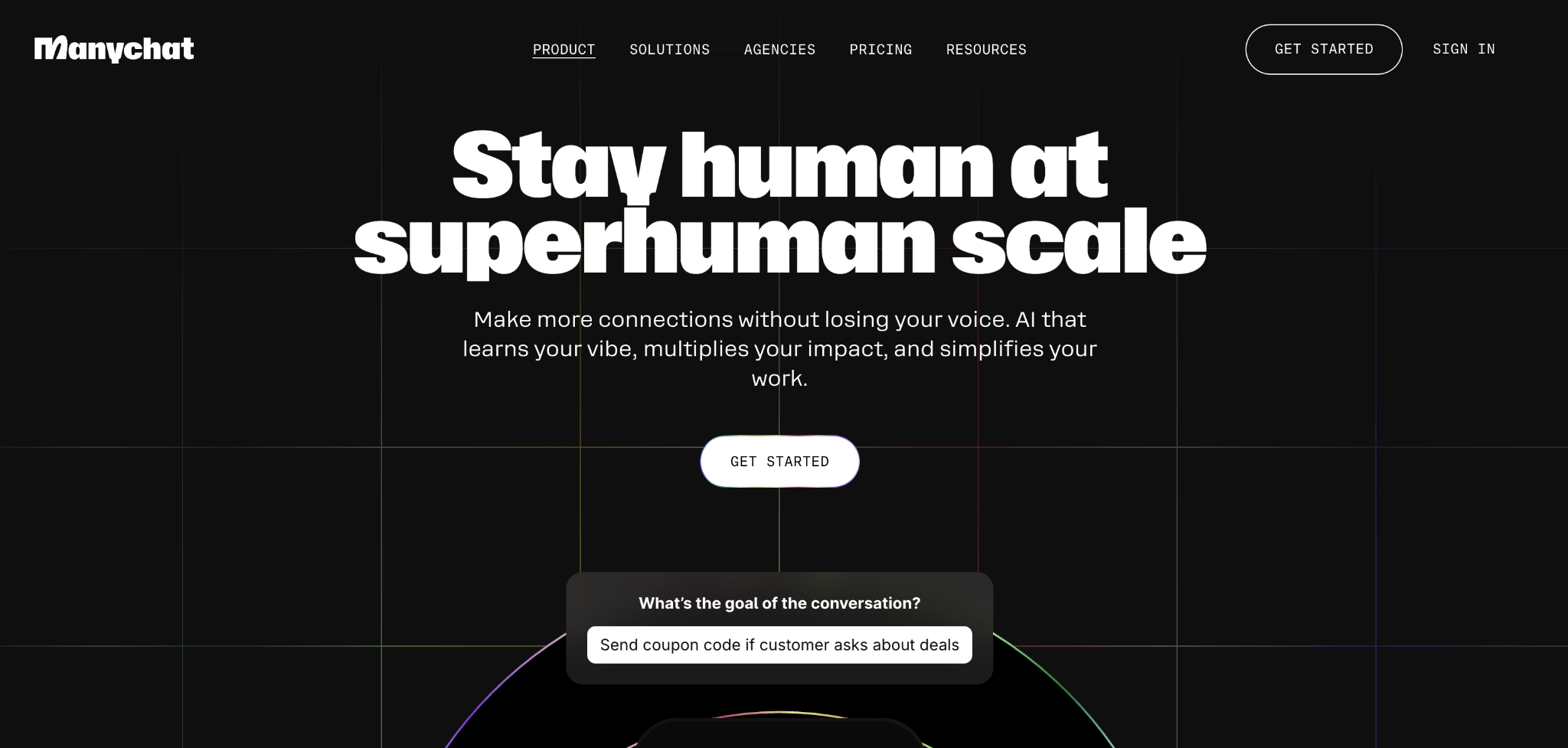 Manychat homepage highlighting AI-powered client conversations and automated responses at scale.