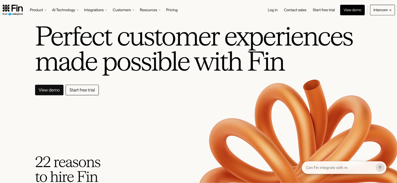 Fin AI customer service platform homepage highlighting AI-powered customer experiences and support automation.