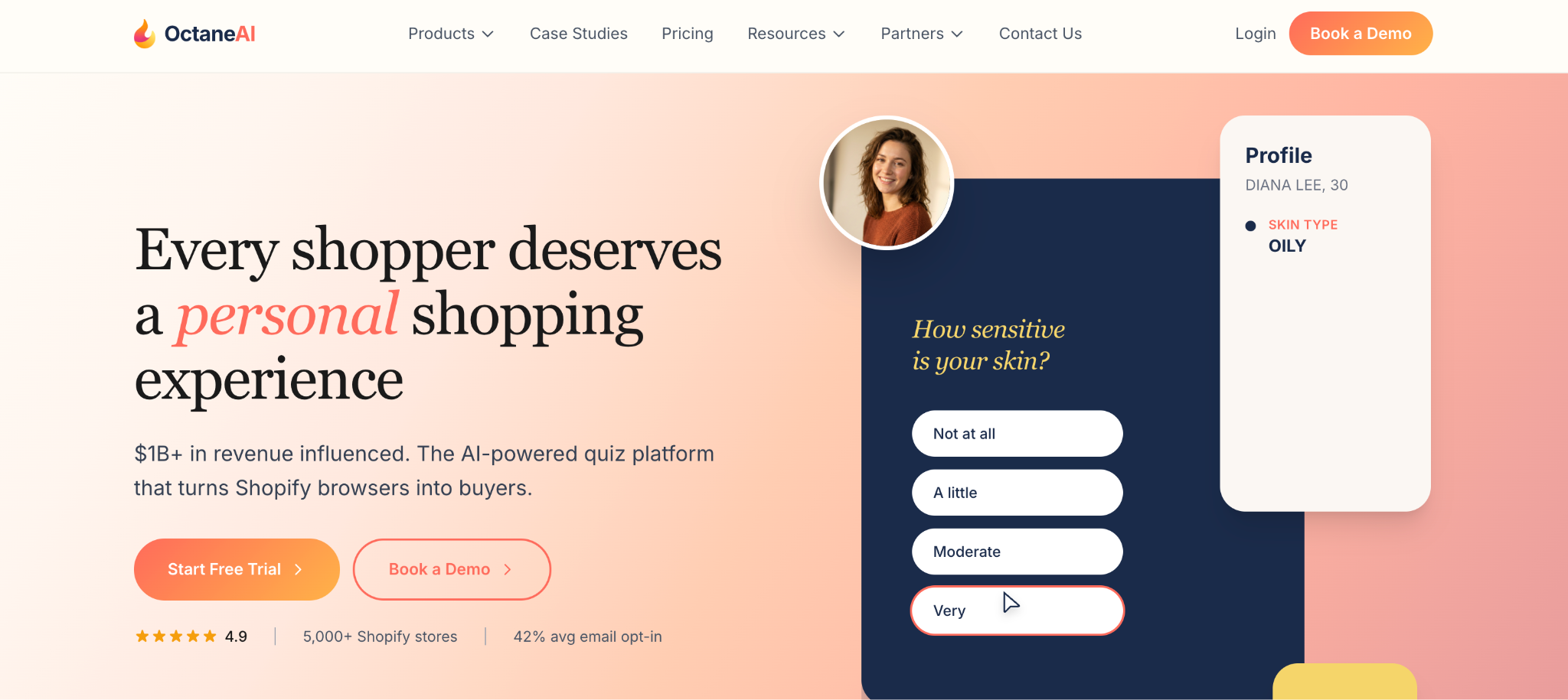 Octane AI homepage showing its AI-powered quiz phase for creating personalized buying experiences.