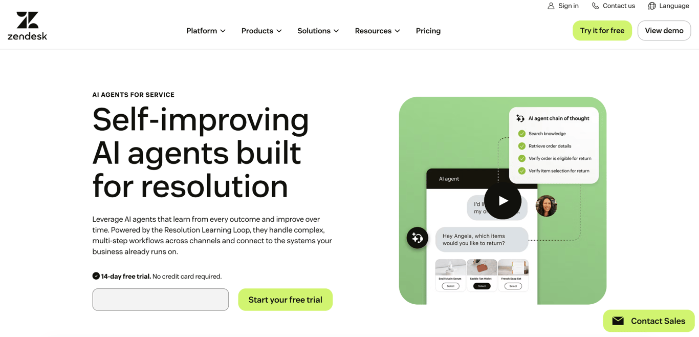 Zendesk webpage with the headline ‘Self-improving AI agents built for resolution,’ describing AI agents that learn from every outcome and improve over time. A product illustration appears on the right, with buttons for ‘Start your free trial’ and ‘View demo.’