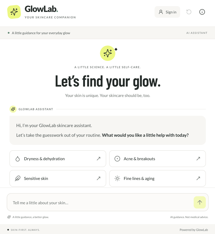 GlowLab AI skincare assistant offering personalized guidance for dryness, acne, sensitive skin, and fine lines.