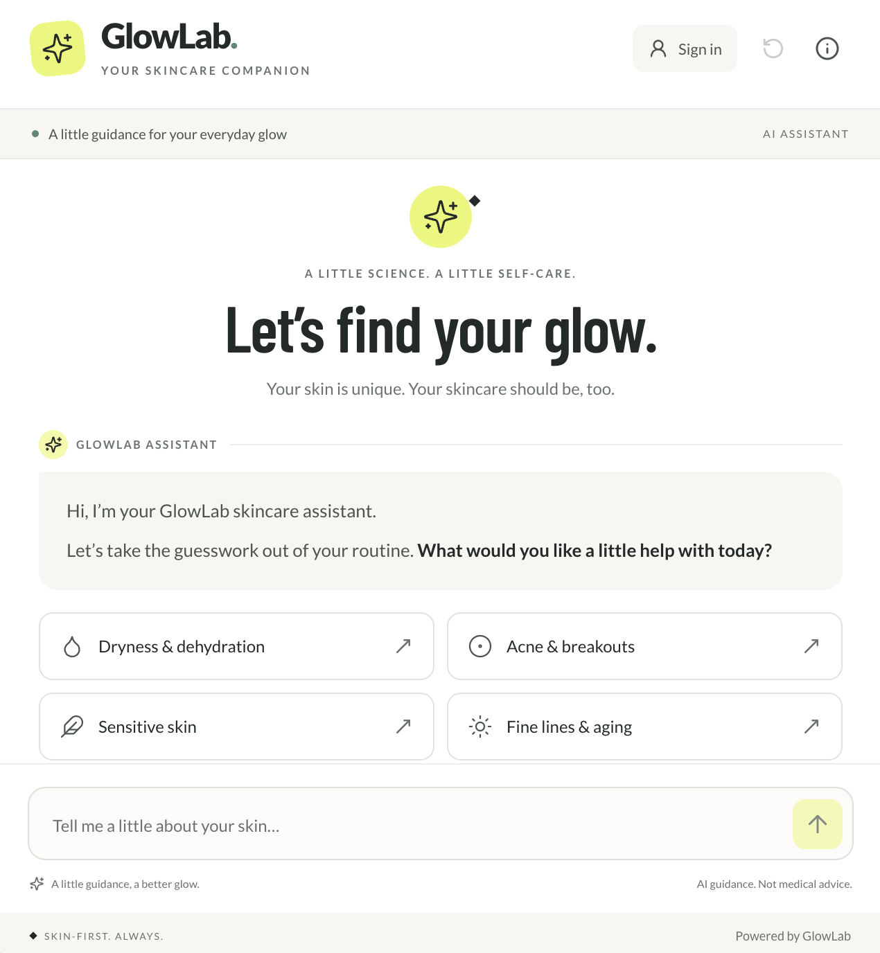GlowLab AI skincare aide offering personalized direction for dryness, acne, delicate skin, and fine lines.