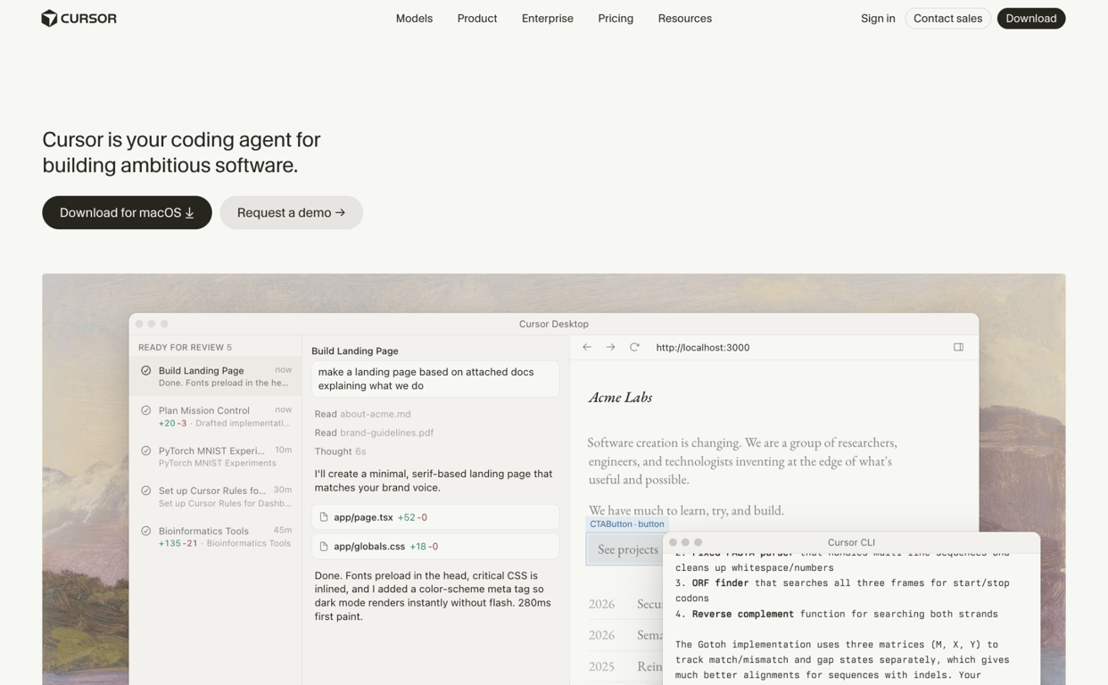 Screenshot of Cursor homepage on the web