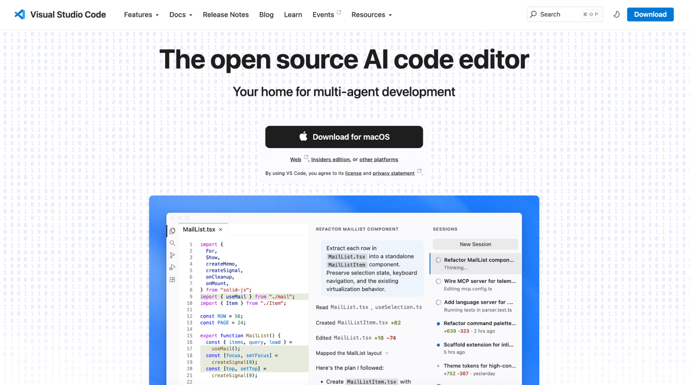Screenshot of VS Code homepage on the web