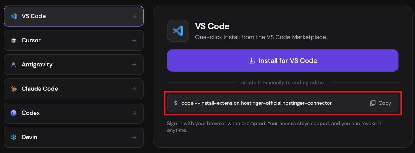 Hostinger Connector setup panel with the VS Code tab selected, showing the Install for VS Code button and the code --install-extension command highlighted for manual installation